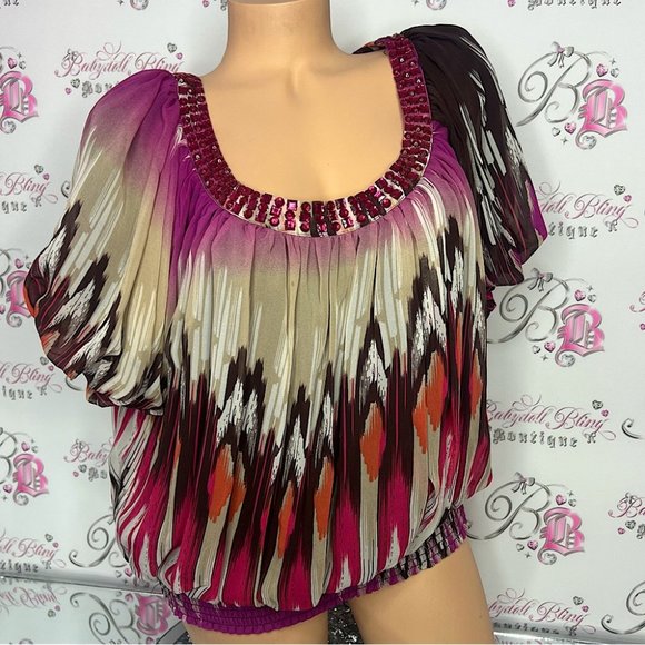 Bebe 100% silk top bling Jewel π rhinestone neckline boho ombrΓ© pattern bubble - Picture 10 of 16